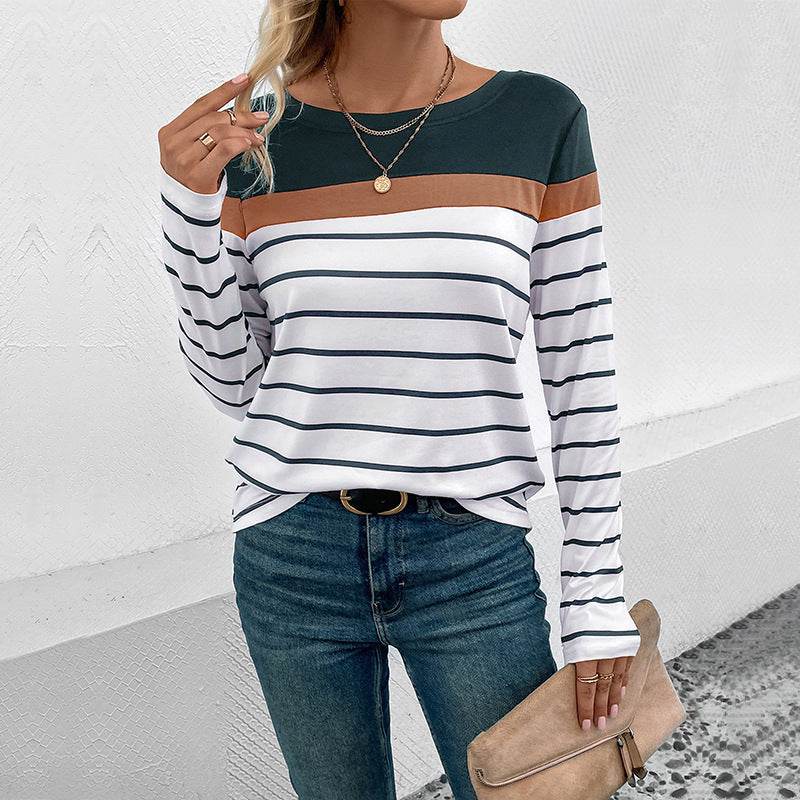 Leisure Top Pullover Patchwork Round Neck Long-sleeved Striped T-shirt - MYLUXURY LANE ENTERPRISE