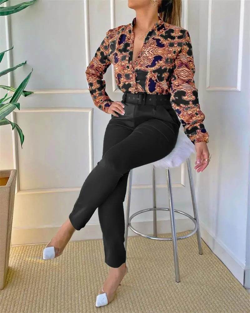 Women's Digital Printing Long-sleeved Shirt With Belt Trousers Suit - MYLUXURY LANE ENTERPRISE