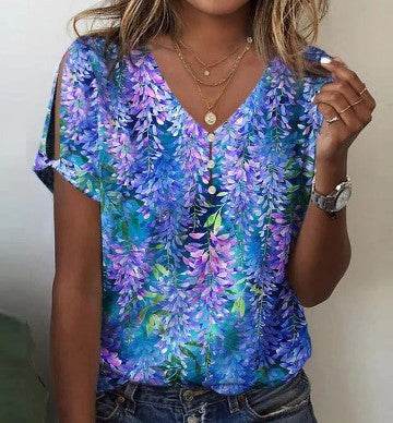 Flower Series 3D Printed V-neck Button T-shirt Top - MYLUXURY LANE ENTERPRISE