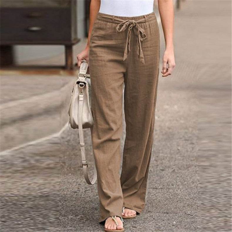 European And American Cotton And Linen Casual Wide-leg Pure Color Elastic Waist Lace-up Loose Women's Trousers - MYLUXURY LANE ENTERPRISE