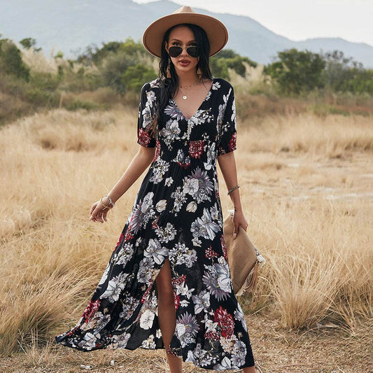 Floral Summer Beach Dress With V Neck Elastic Waist Dresses For Women - MYLUXURY LANE ENTERPRISE