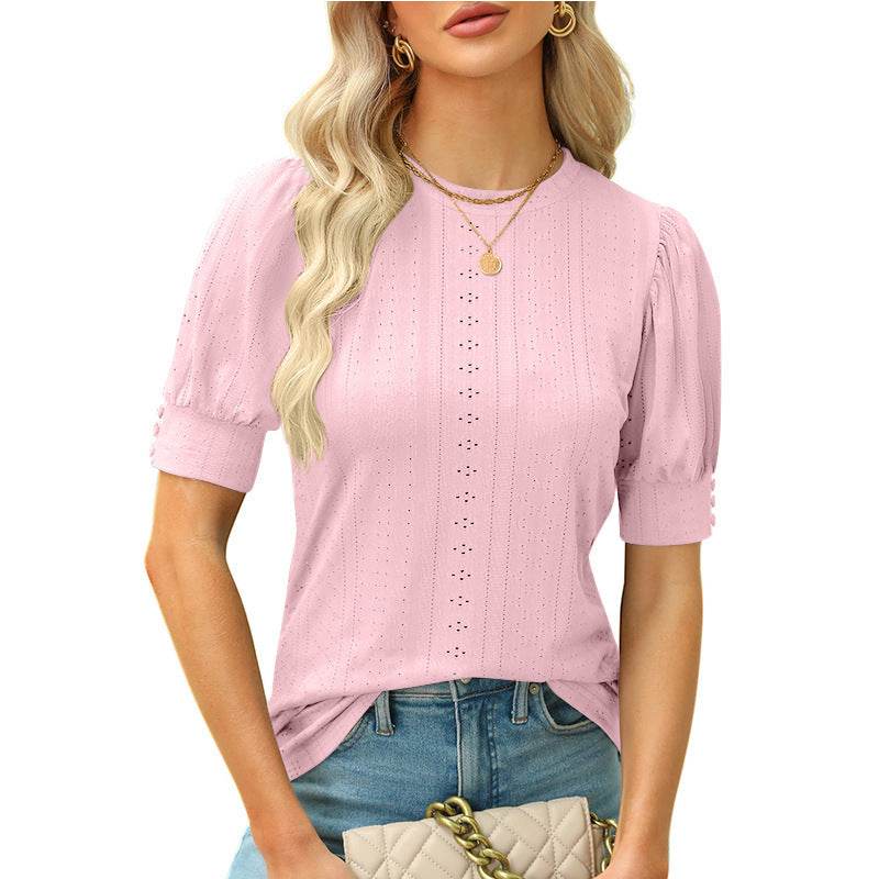 Summer Round Neck Hole Hollow-out Button Short-sleeved Casual Top - MYLUXURY LANE ENTERPRISE