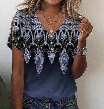 Flower Series 3D Printed V-neck Button T-shirt Top - MYLUXURY LANE ENTERPRISE