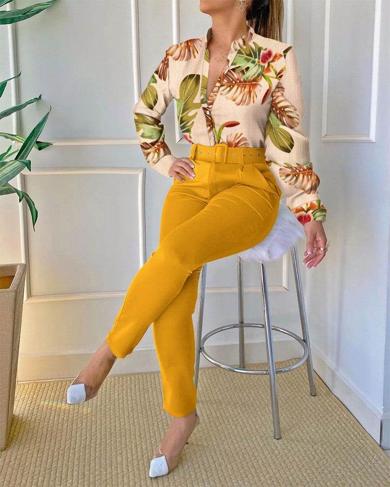 Women's Digital Printing Long-sleeved Shirt With Belt Trousers Suit - MYLUXURY LANE ENTERPRISE