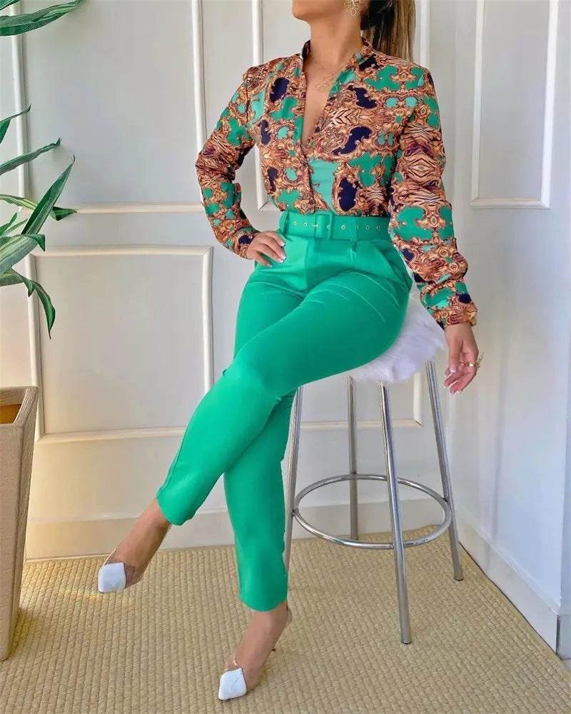 Women's Digital Printing Long-sleeved Shirt With Belt Trousers Suit - MYLUXURY LANE ENTERPRISE