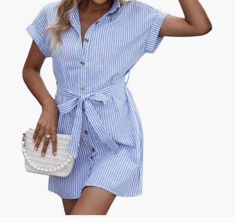 New Casual Striped Short Sleeve Button Down Belt Shirt Dress - MYLUXURY LANE ENTERPRISE