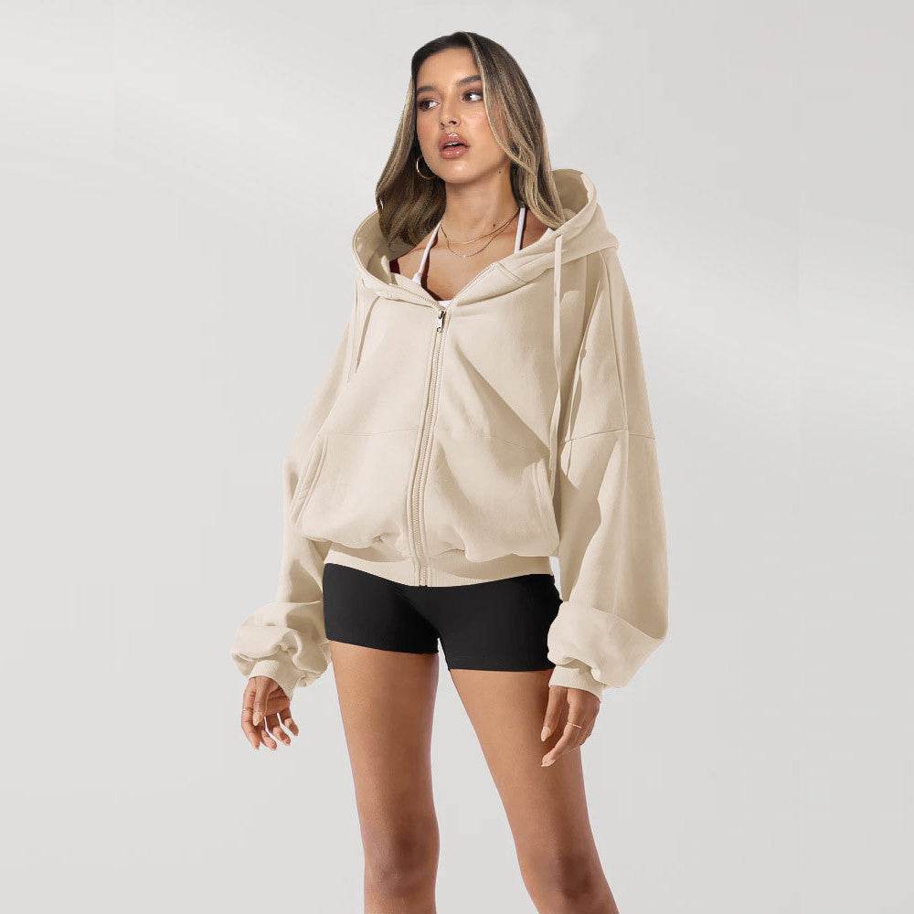 Zipper Hoodies Sports Jacket Fashion Loose Hooded Sweatshirt Casual Solid Women's Clothing - MYLUXURY LANE ENTERPRISE