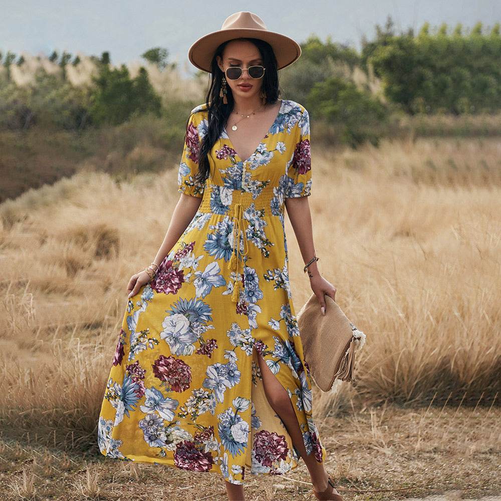 Floral Summer Beach Dress With V Neck Elastic Waist Dresses For Women - MYLUXURY LANE ENTERPRISE