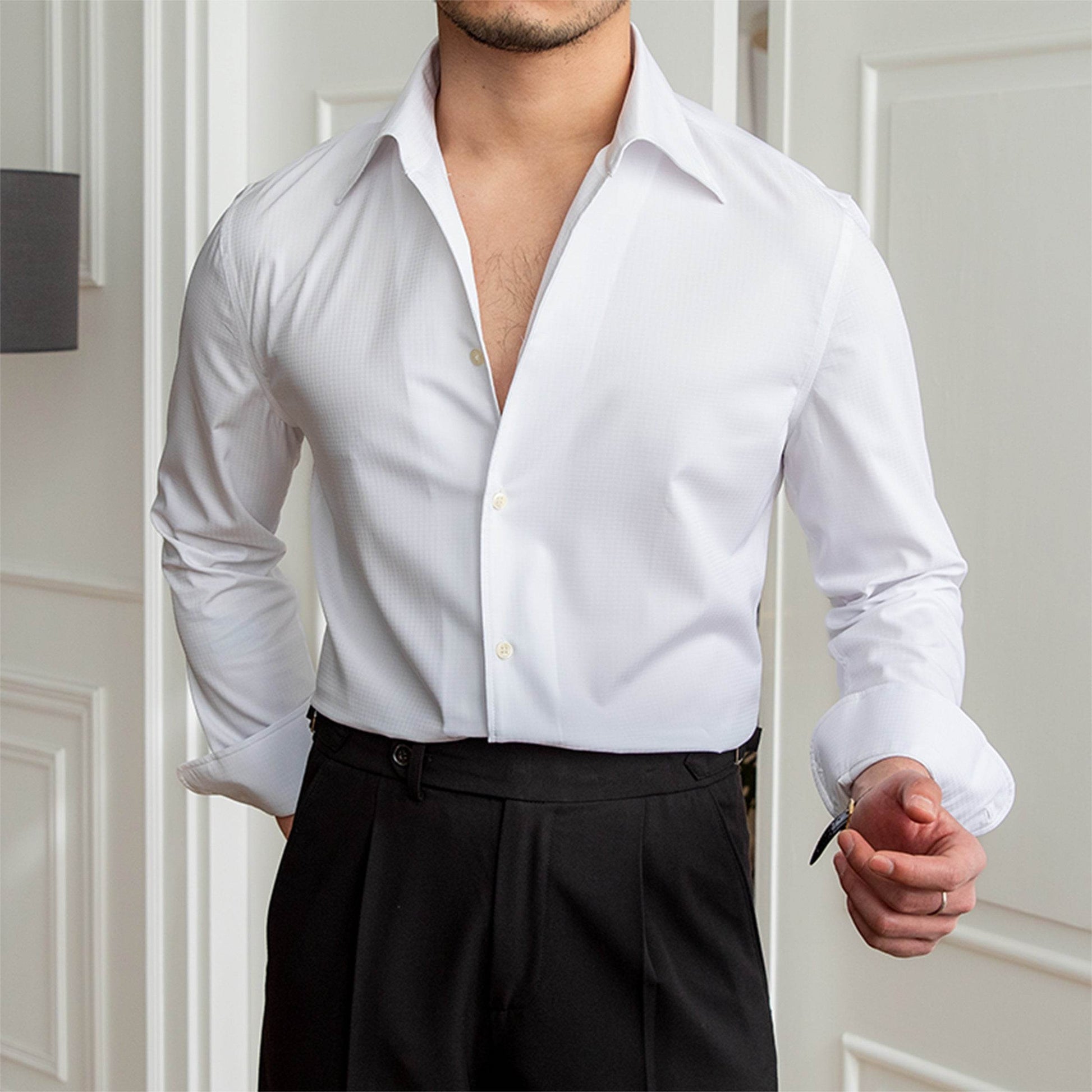 Non-ironing Slim-fit Casual Dark Plaid Long-sleeved Shirt - MYLUXURY LANE ENTERPRISE