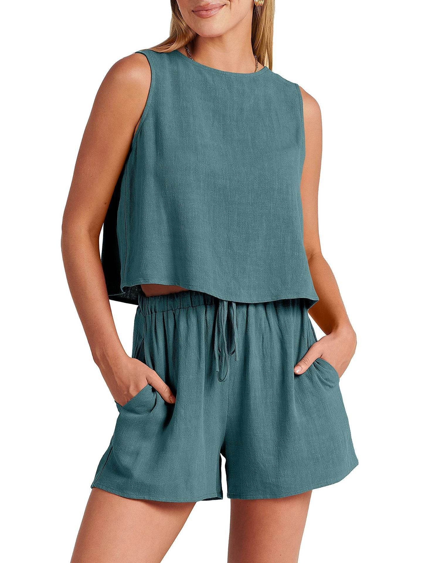 Women's Casual Sleeveless Loose Cotton Linen Shorts Two-piece Suit - MYLUXURY LANE ENTERPRISE