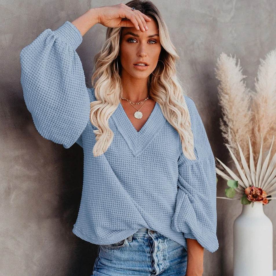 Fashion loose V-neck T-shirt Lantern Sleeve Top - MYLUXURY LANE ENTERPRISE