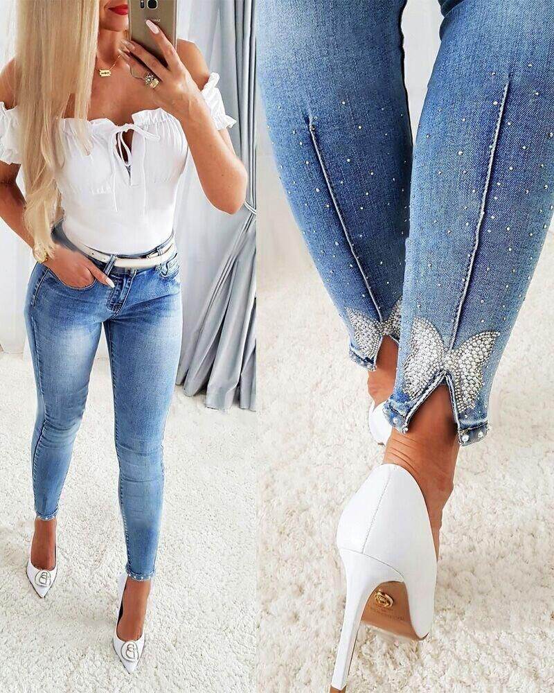 Women's Jeans European And American Trendy High Waist Beaded Skinny Tappered Pants - MYLUXURY LANE ENTERPRISE