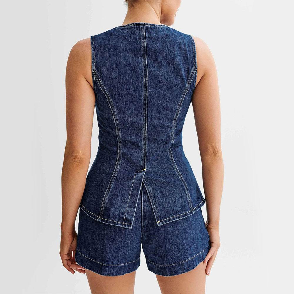 Fashion Denim Suit Summer Casual Sleeveless Button Vest Top And High Waist Shorts Set For Womens Clothing - MYLUXURY LANE ENTERPRISE