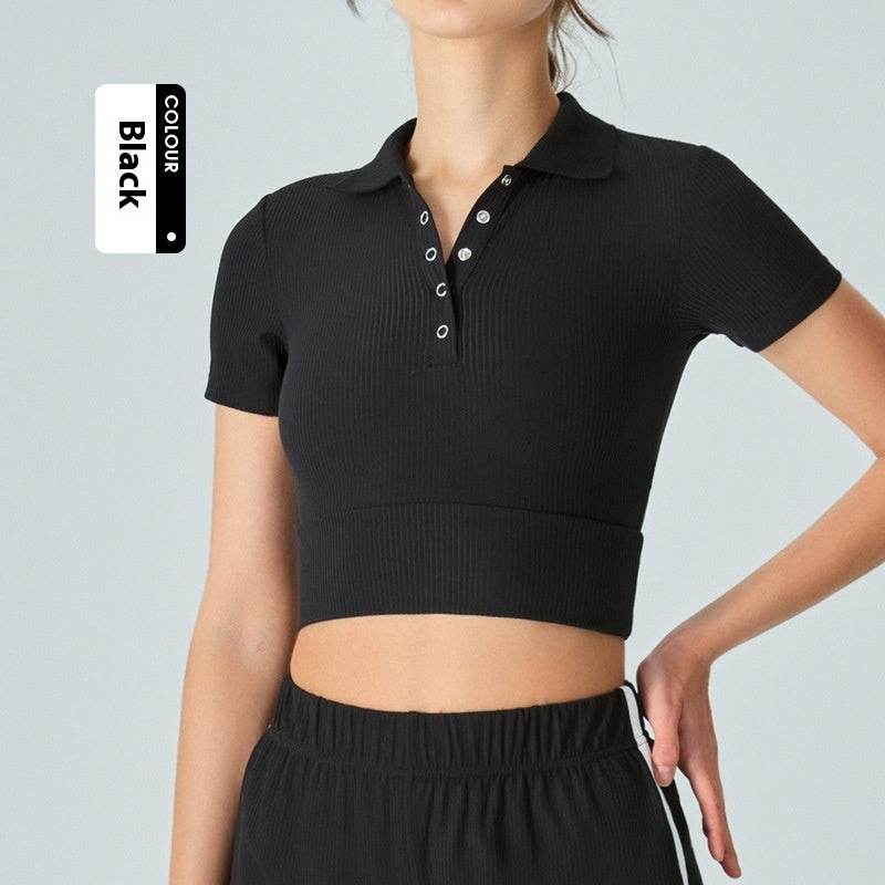 Shoulder Polo Collar Yoga Short-sleeved T-shirt - MYLUXURY LANE ENTERPRISE