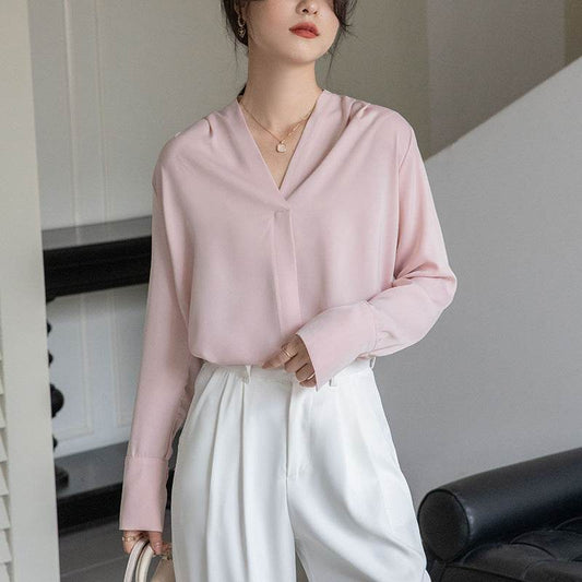 Korean Style Versatile V-neck Long Sleeve Satin Blouse Women's Tops - MYLUXURY LANE ENTERPRISE