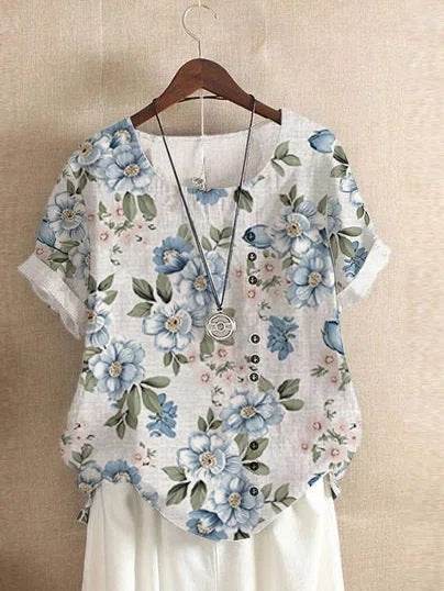 Retro Cotton And Linen Printed Loose Casual Shirt Short-sleeved T-shirt For Women - MYLUXURY LANE ENTERPRISE