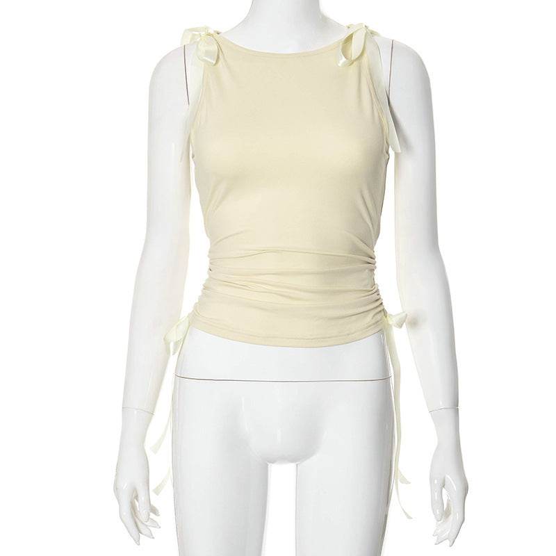Navel Solid Color Ribbon Drawstring Top - MYLUXURY LANE ENTERPRISE