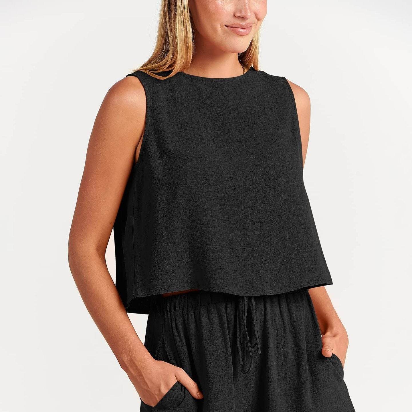 Women's Casual Sleeveless Loose Cotton Linen Shorts Two-piece Suit - MYLUXURY LANE ENTERPRISE