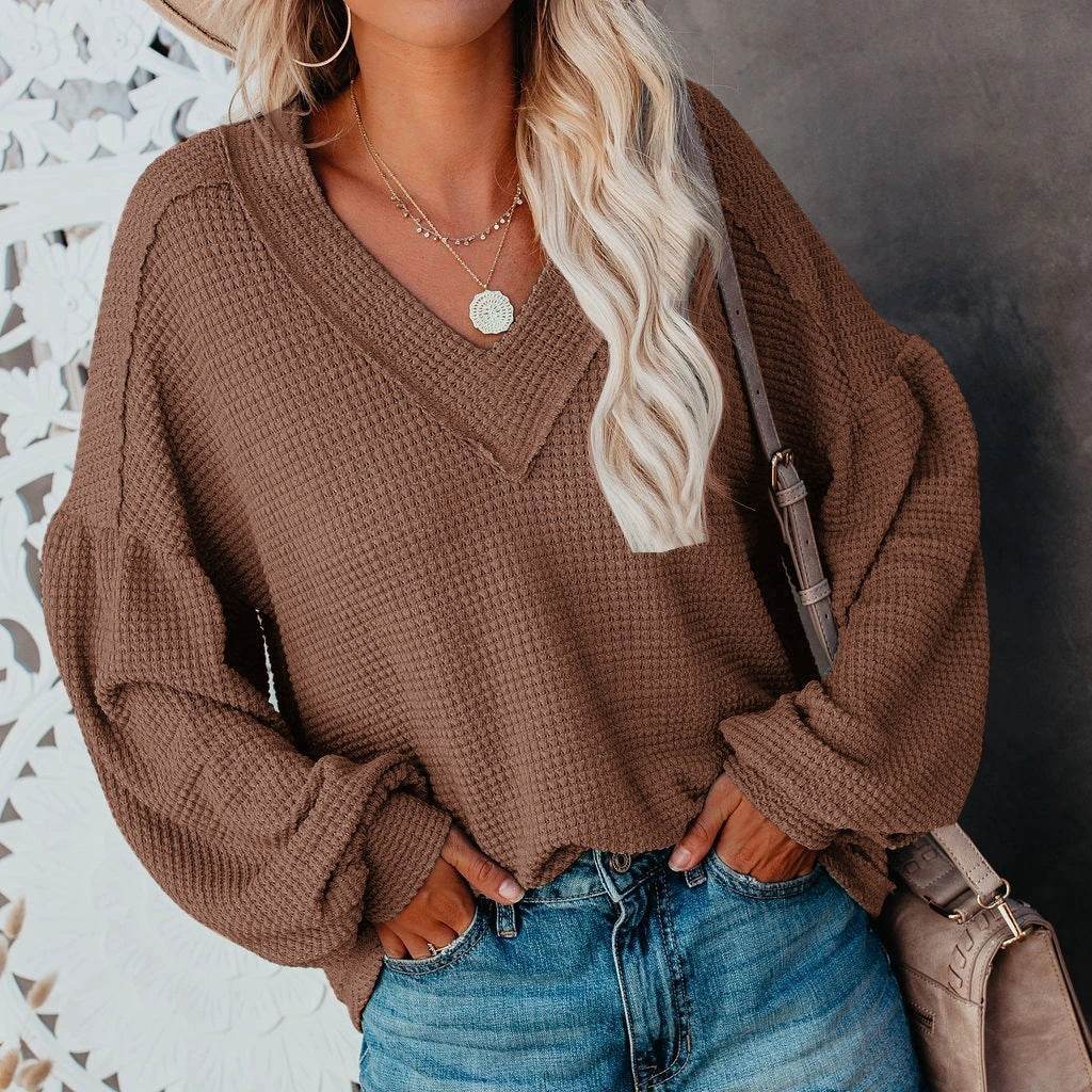 Fashion loose V-neck T-shirt Lantern Sleeve Top - MYLUXURY LANE ENTERPRISE