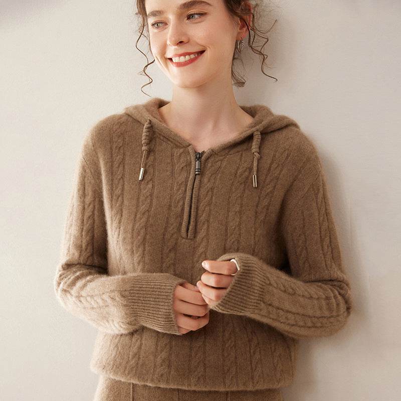 Cashmere Sweater Women's Hooded Twist Half-open Collar Sweater - MYLUXURY LANE ENTERPRISE