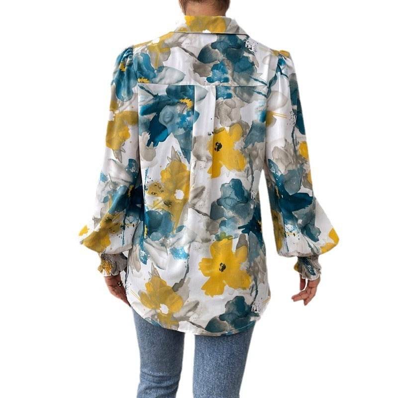 European And American Lapel Print Smocking Long Sleeve Button Loose Casual Women's Shirt - MYLUXURY LANE ENTERPRISE