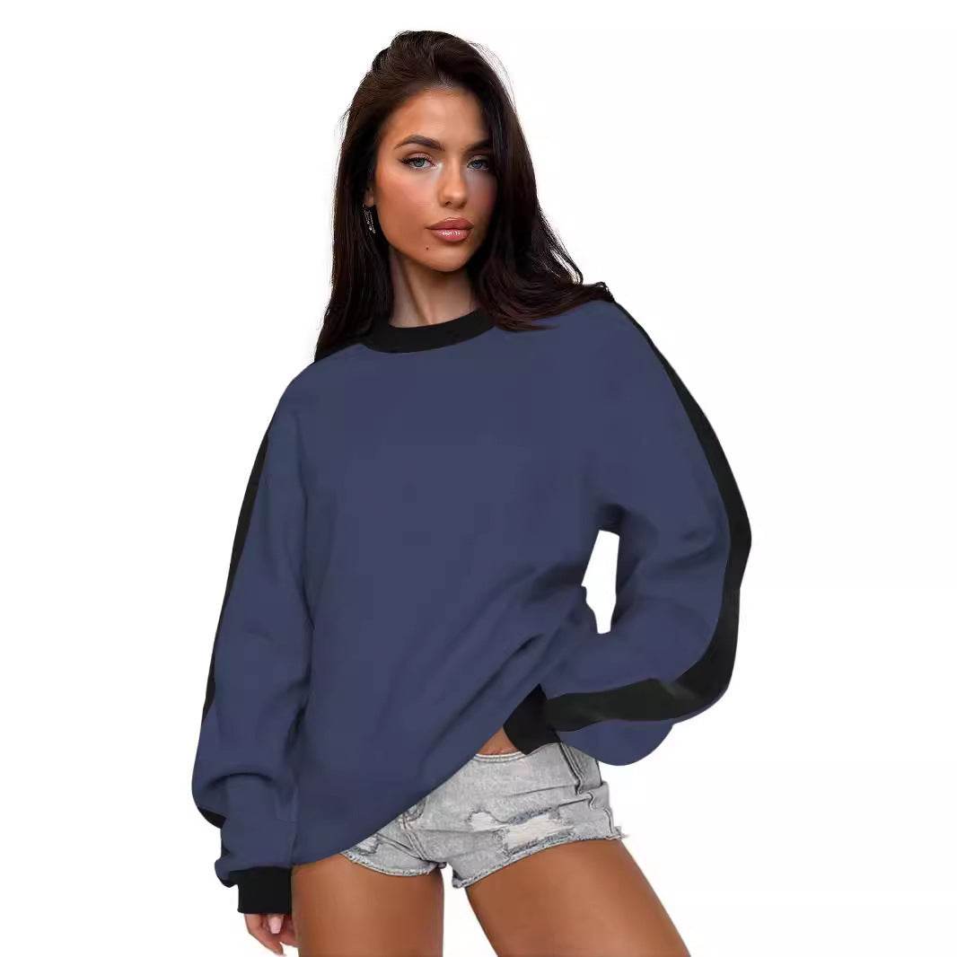 Women's Contrast Color Round Neck Loose Sweater Long-sleeved Top - MYLUXURY LANE ENTERPRISE
