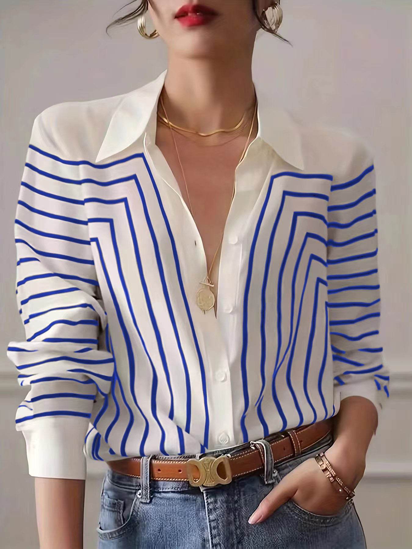 Autumn Striped Shirt Women's Long Sleeve Loose Silk Top - MYLUXURY LANE ENTERPRISE