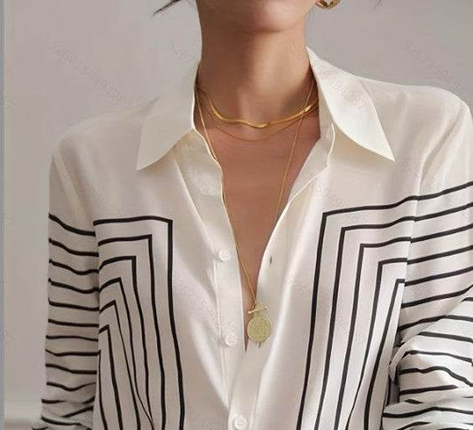 Autumn Striped Shirt Women's Long Sleeve Loose Silk Top - MYLUXURY LANE ENTERPRISE