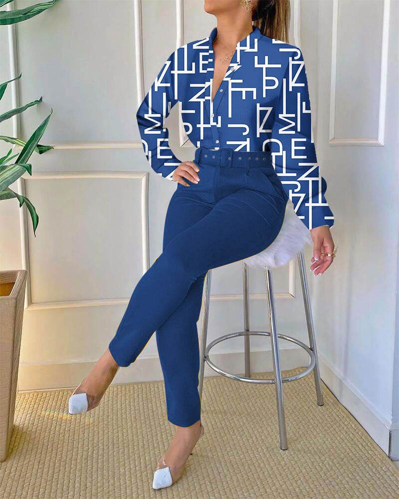 Women's Digital Printing Long-sleeved Shirt With Belt Trousers Suit - MYLUXURY LANE ENTERPRISE