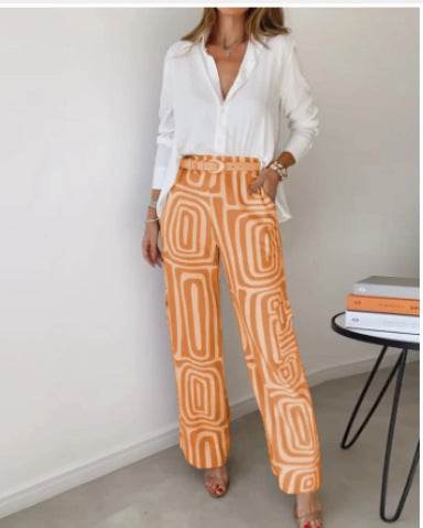 Women's Casual Long-sleeved Lapel Shirt Printed Wide-leg Pants Suit - MYLUXURY LANE ENTERPRISE