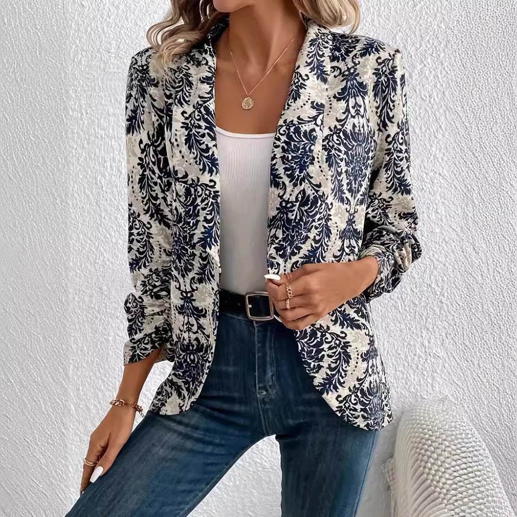 Women's Fashionable Cardigan Lapel Long Sleeve Printed Jacket Small Suit - MYLUXURY LANE ENTERPRISE