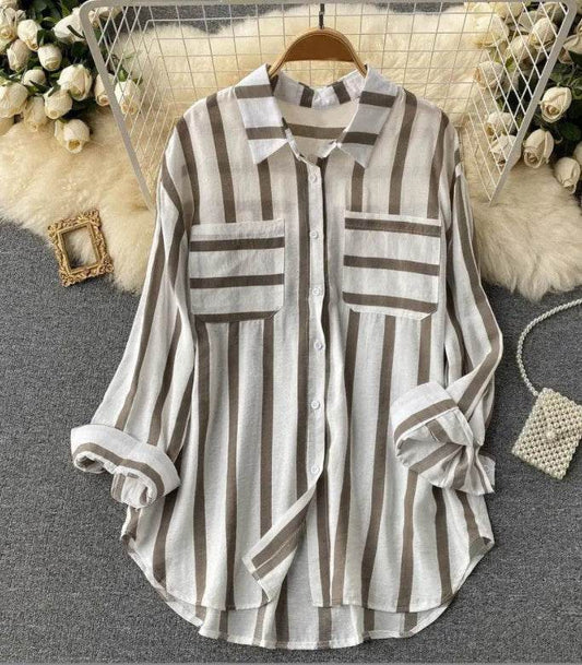 Mid-length Vertical Stripes Multi-color Shirt Coat Casual Loose Top - MYLUXURY LANE ENTERPRISE