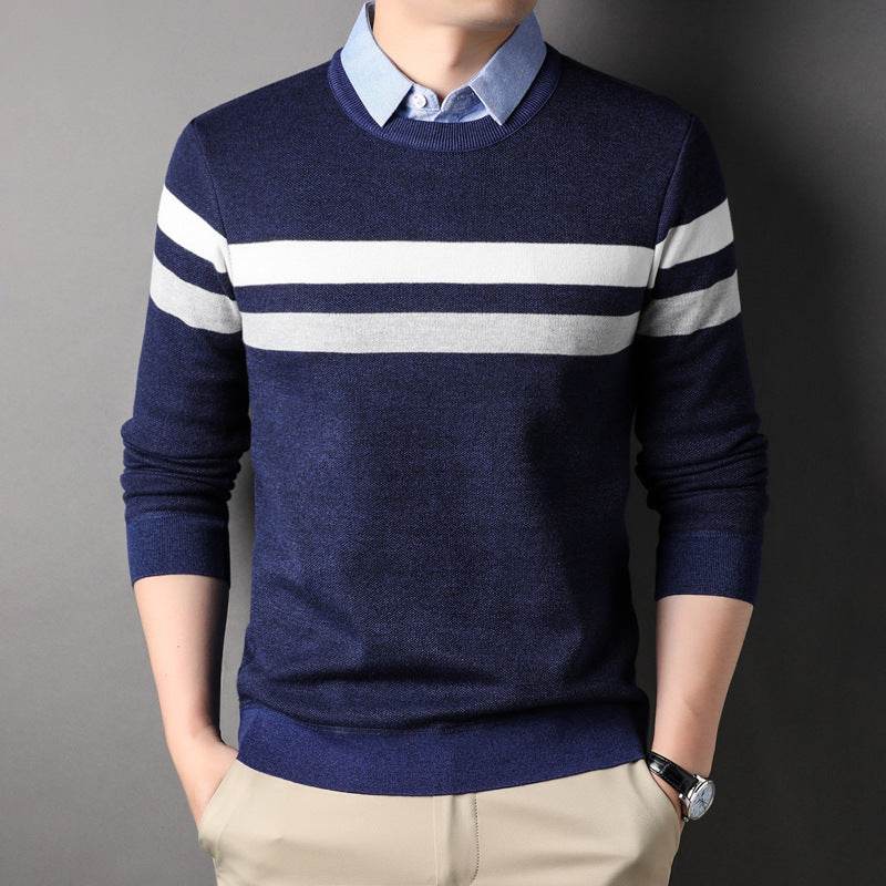 Men's False Two Pieces Shirt Collar Striped Sweater - MYLUXURY LANE ENTERPRISE