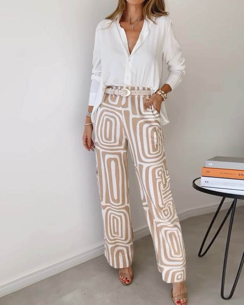 Women's Casual Long-sleeved Lapel Shirt Printed Wide-leg Pants Suit - MYLUXURY LANE ENTERPRISE