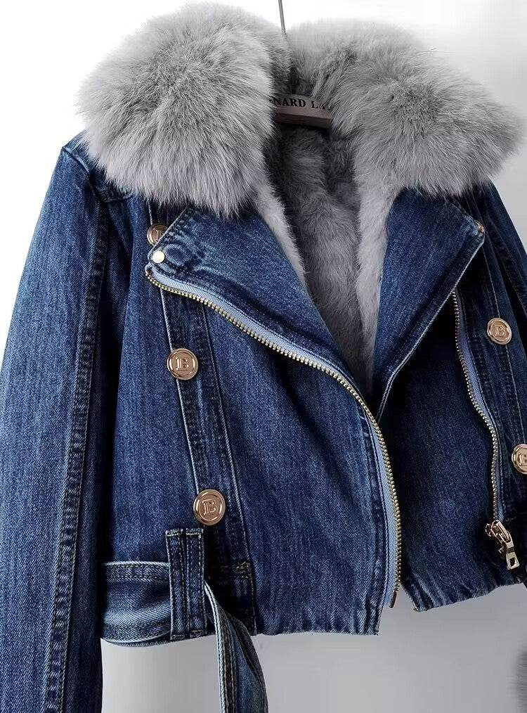 Detachable Fox Fur Rabbit Fur Liner Denim Coat - MYLUXURY LANE ENTERPRISE