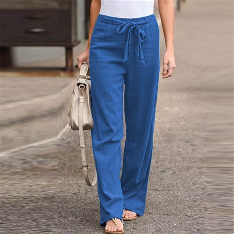 European And American Cotton And Linen Casual Wide-leg Pure Color Elastic Waist Lace-up Loose Women's Trousers - MYLUXURY LANE ENTERPRISE