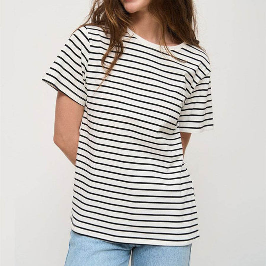 Striped T-shirt Women's Round Neck Black And White Stripes - MYLUXURY LANE ENTERPRISE
