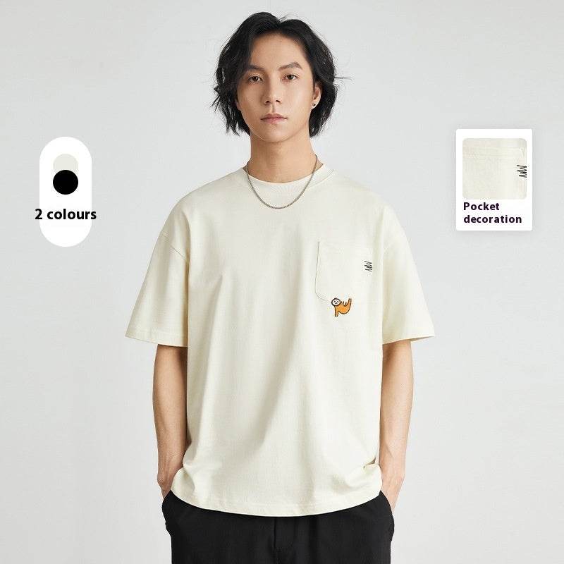 Embroidered Crew Neck T-shirt Cotton Double Yarn Loose - MYLUXURY LANE ENTERPRISE