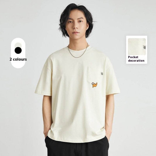 Embroidered Crew Neck T-shirt Cotton Double Yarn Loose - MYLUXURY LANE ENTERPRISE