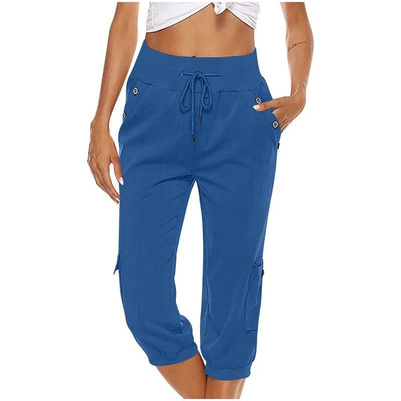 Women's Cropped Pants Cotton Linen Cargo Pocket Casual Pants - MYLUXURY LANE ENTERPRISE