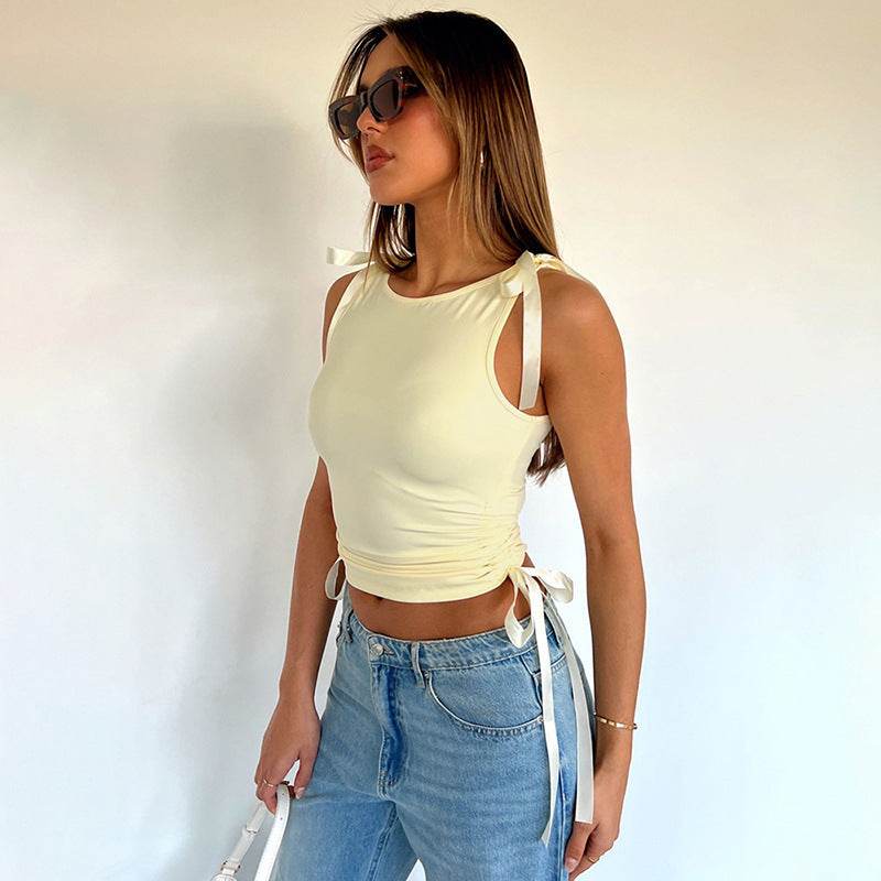 Navel Solid Color Ribbon Drawstring Top - MYLUXURY LANE ENTERPRISE