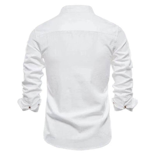 Men's Cotton And Linen Casual Fashion Solid Color Long Sleeve Henley Shirt - MYLUXURY LANE ENTERPRISE