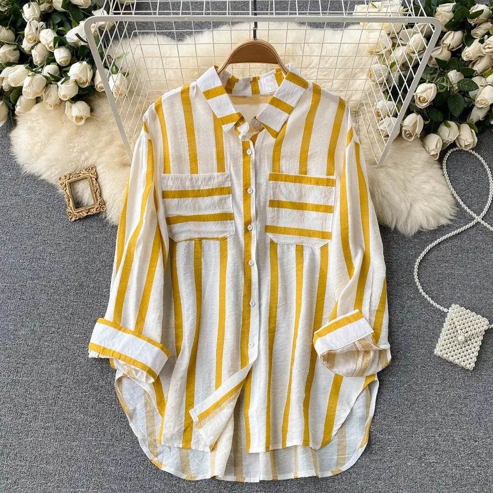 Mid-length Vertical Stripes Multi-color Shirt Coat Casual Loose Top - MYLUXURY LANE ENTERPRISE