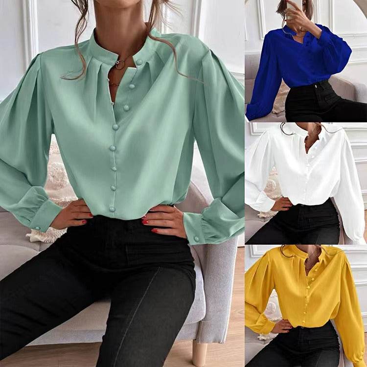 Commute Style Solid Color Round Neck Long Sleeve Single-breasted Women's Shirt - MYLUXURY LANE ENTERPRISE