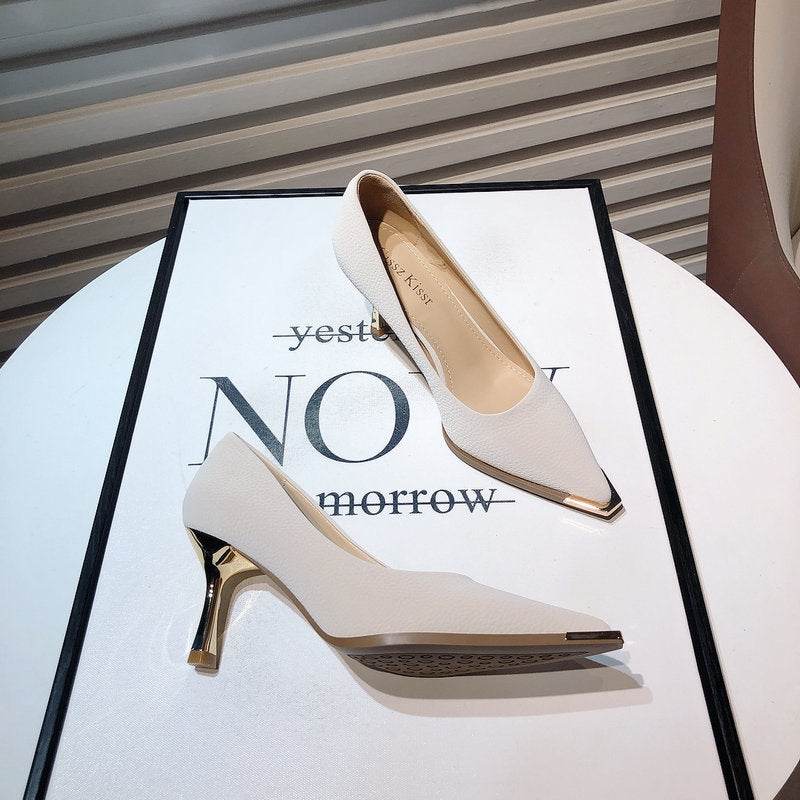 French High Heels Women's Spring New Fashion Metal Pointed Low-cut Stiletto Heel - MYLUXURY LANE ENTERPRISE