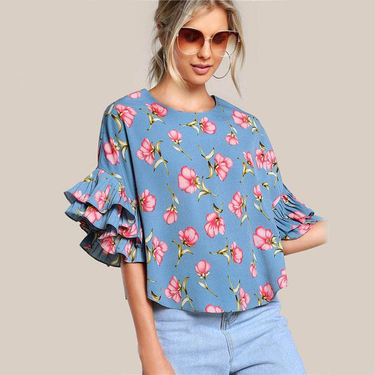Ladies T-shirt Round Neck Lotus Leaf Double Layer Bell Sleeve Short Chic Top - MYLUXURY LANE ENTERPRISE