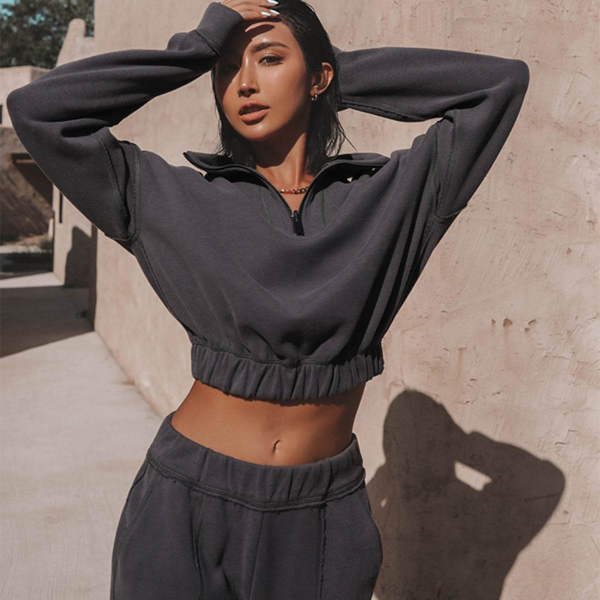 Long Sleeve Turtleneck Sweatshirt Stand Up Zipper Short Top With Loose Straight Leg Pants Women's Clothing - MYLUXURY LANE ENTERPRISE