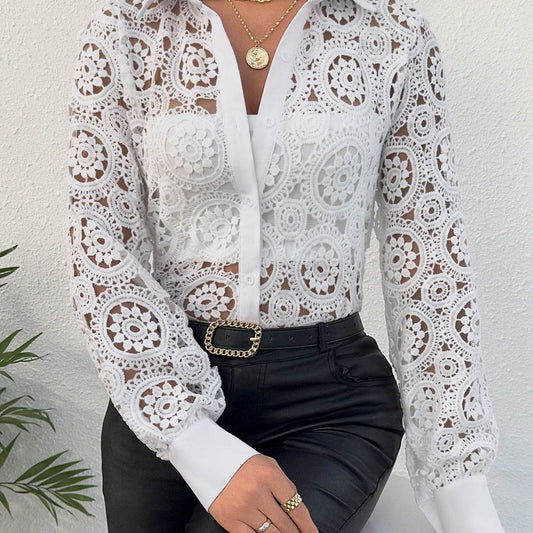 New Long Sleeve Lace V-neck Women's Shirt - MYLUXURY LANE ENTERPRISE