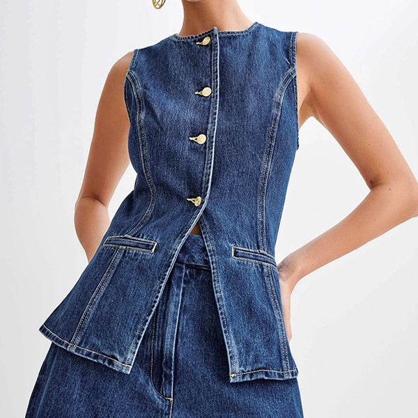 Fashion Denim Suit Summer Casual Sleeveless Button Vest Top And High Waist Shorts Set For Womens Clothing - MYLUXURY LANE ENTERPRISE