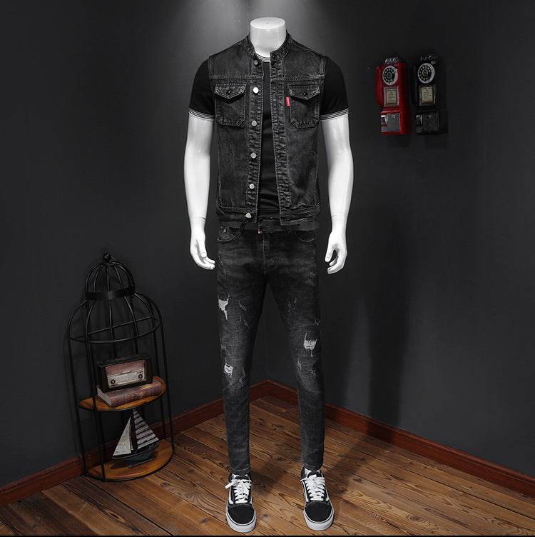 Harley Motorcycle Men's Uniform Black Stand-up Collar Plus Size Denim Vest - MYLUXURY LANE ENTERPRISE